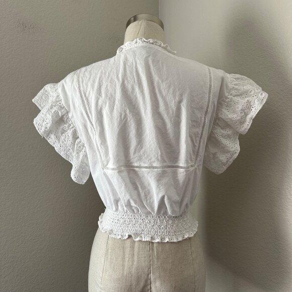 1. State White Eyelet Lace Crop Blouse With Flutter Sleeves Lightweight Minimali - Picture 2 of 12